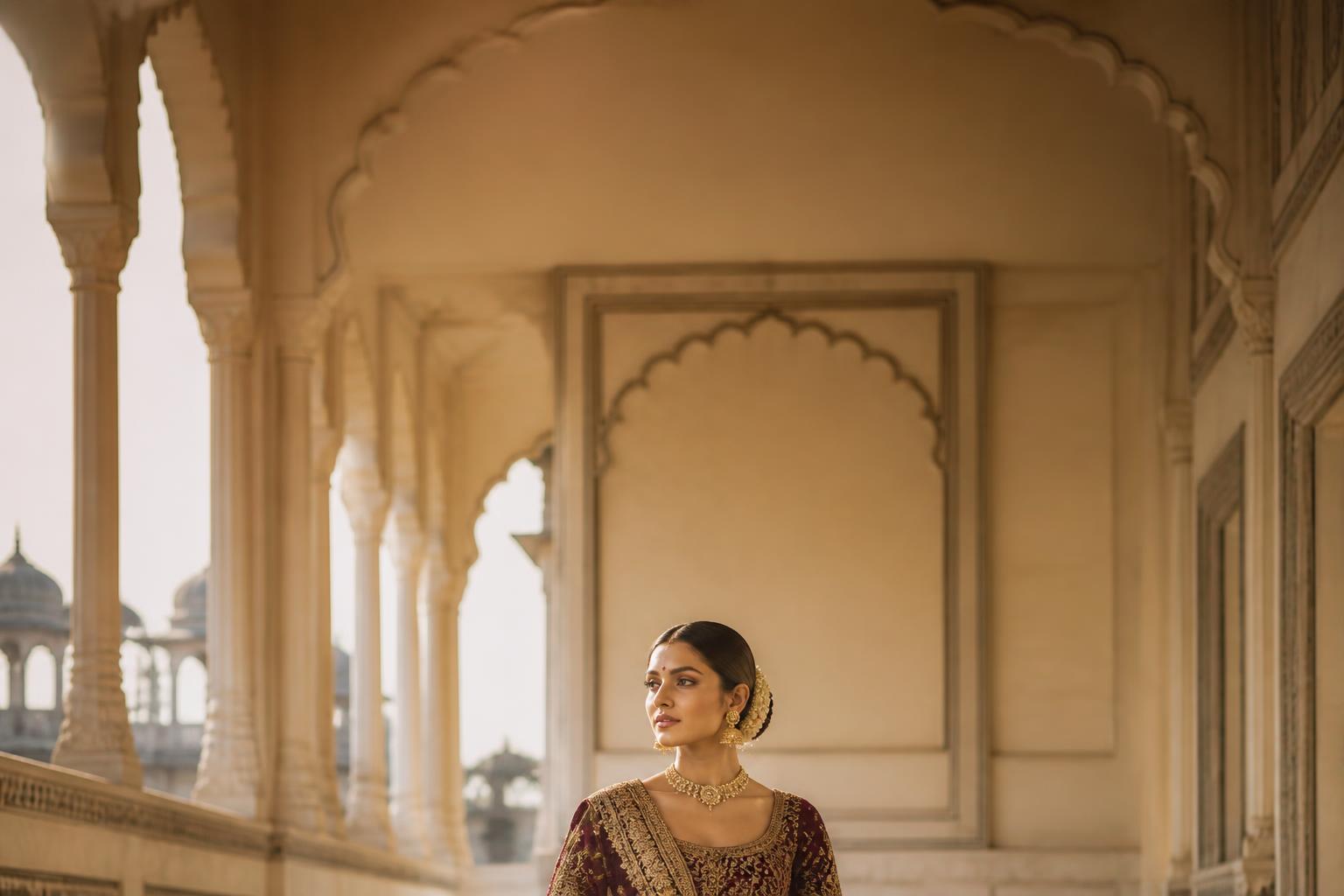 Model wearing a burgundy hand-embroidered lehenga in a palace corridor